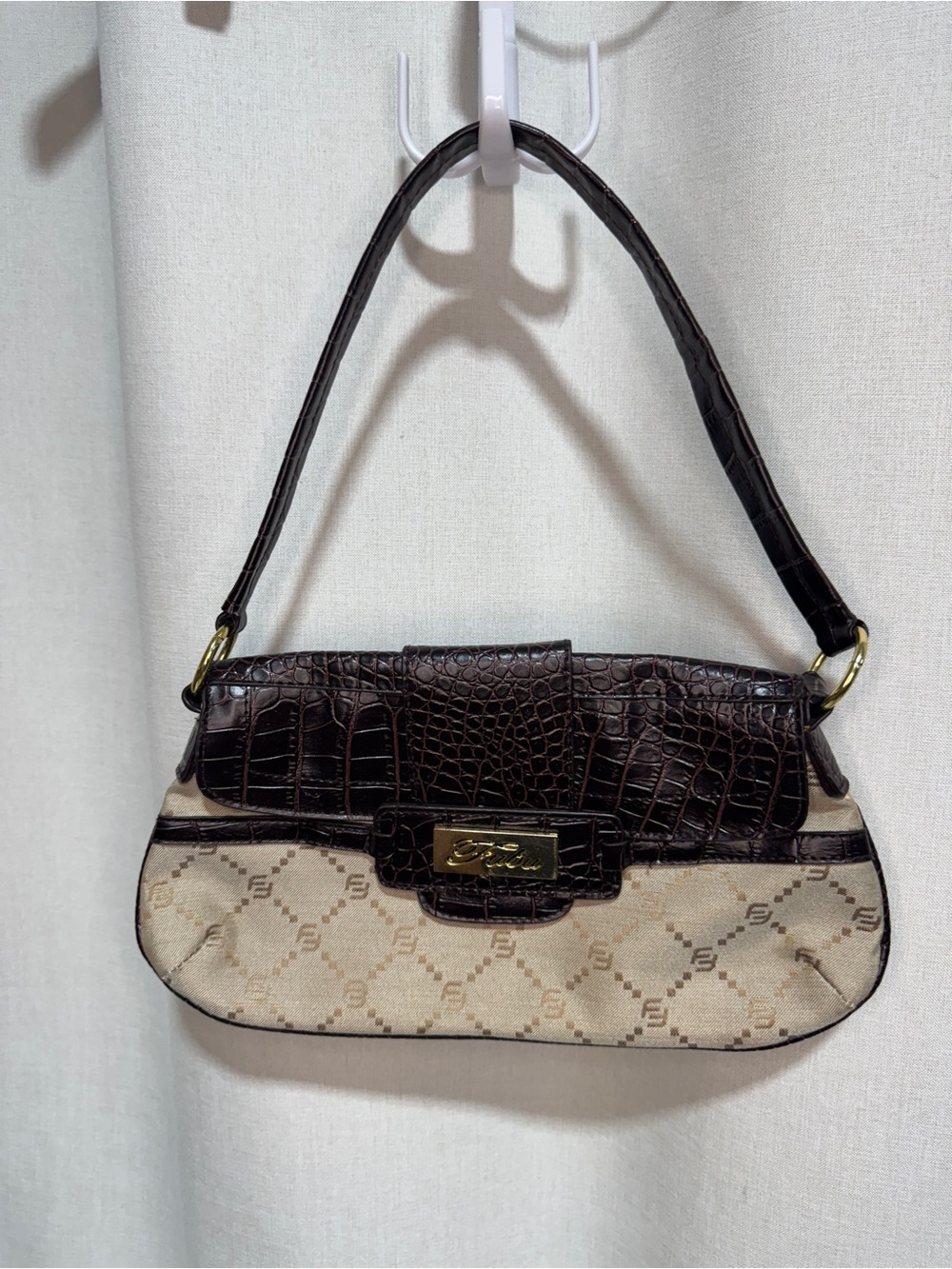 FUBU Brown Croc-Trim Shoulder Bag with Beige Monogram Body and Gold hardware